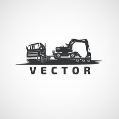 Vector truck tractor and excavator, transport construction equipment.