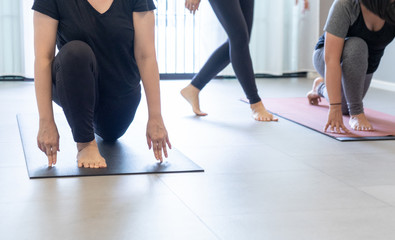 Fototapeta premium Young fat woman practicing yoga with namaste behind the back.working out, wearing sportswear. and relax.
