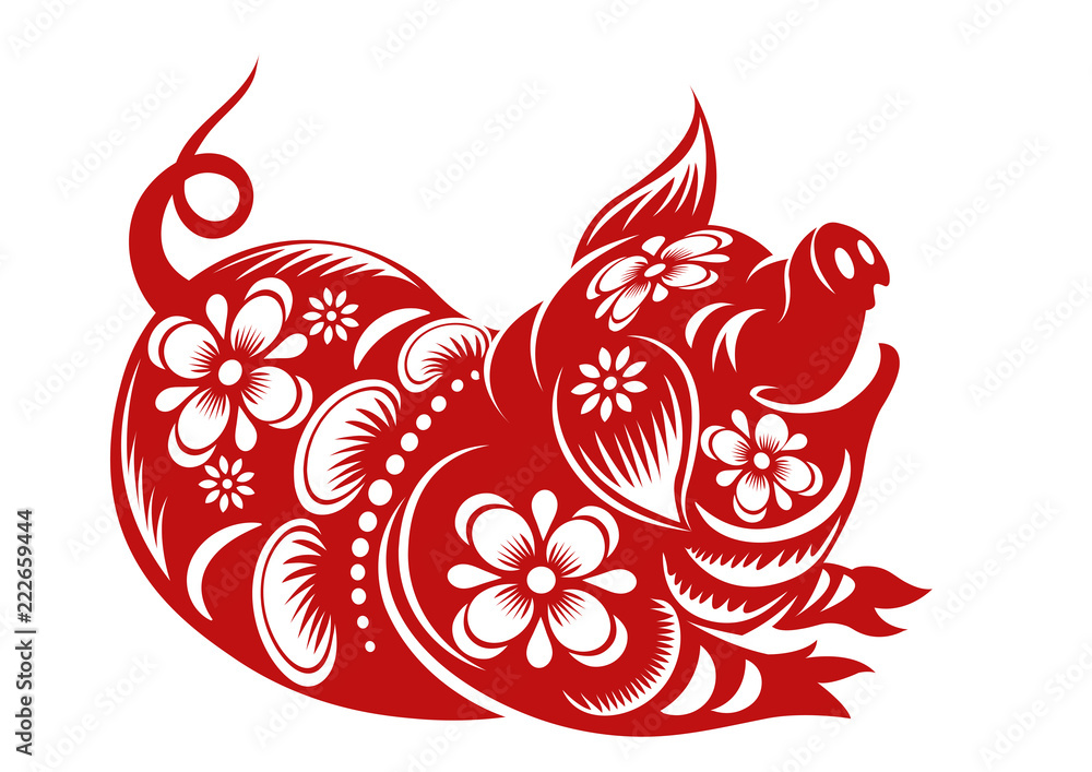 Poster Chinese Zodiac Sign Year of Pig,Red paper cut pig,Happy Chinese New Year 2019 year of the pig