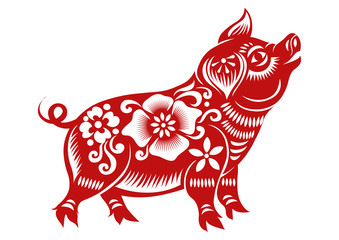 Chinese Zodiac Sign Year of Pig,Red paper cut pig,Happy Chinese New Year 2019 year of the pig © Pugun & Photo Studio