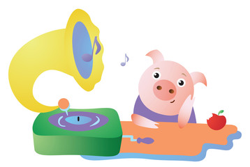 Cute pig listens to the gramophone and dreams. Vector illustration.  Isolated on transparent background.  Excellent for the design of postcards, posters, stickers and so on.