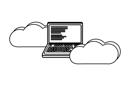 outline data cloud with laptop and code programming