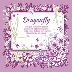 Vector botanical banners with dragonfly and flowers. Floral design for natural cosmetics, perfume, women products. Can be used as a greeting card, wedding invitation, spring background
