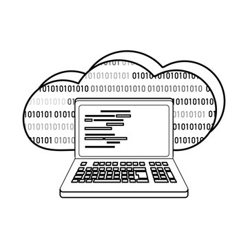 outline data cloud and lapto with programming code