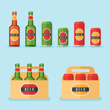 Set of beer bottles, cans and packs isolated on blue background. Flat style vector illustration.