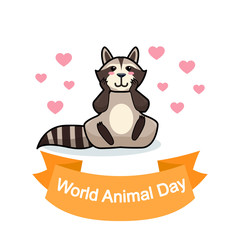 World Animal Day. 4 October. Children's Vector illustration with Kawaii Racoon. Illustration for calendar.