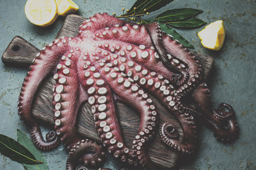 Raw fresh octopus on wooden table with laurel. Top view