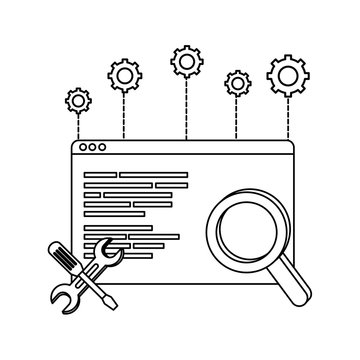 outline website code program and magnifying glass with equipments