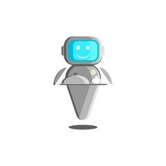 Fototapeta premium Robot waiter illustration, concept of robotic assistant with artificial intelligence. A smiling bot with food and a vase with a flower on a tray.