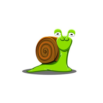 A shy snail is a cute illustration, a cartoon character with a salad slug with big sad eyes.