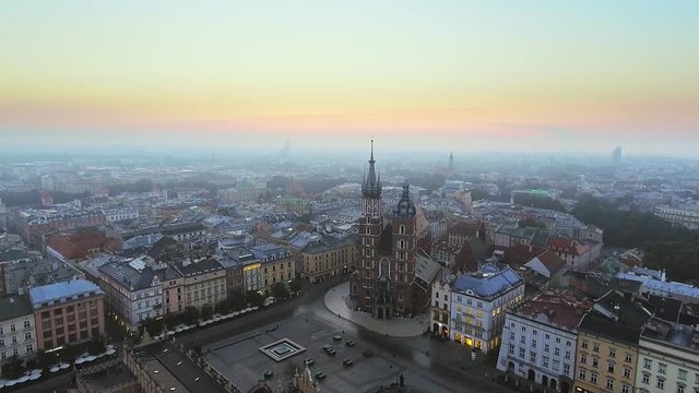 Aerial view of Krakow historic market square, Poland, central Europe at morning.