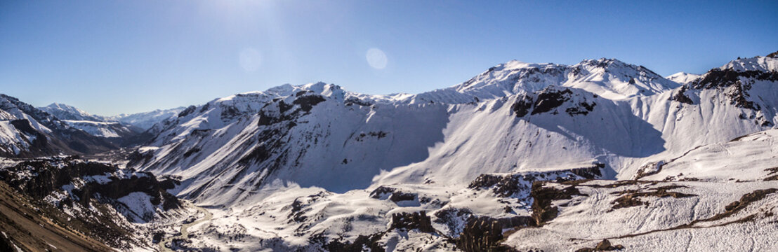 Snowy Chilean Argentine Mountains Andes. Aerial Panoramic View.