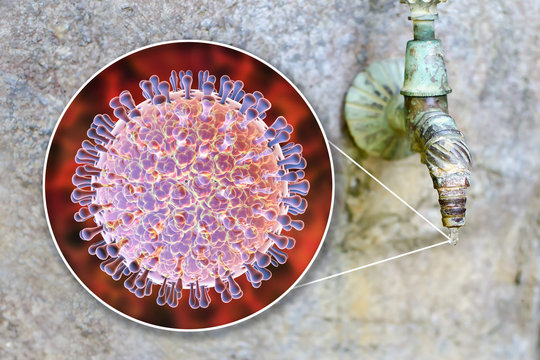 Safety of drinking water concept, composite 3D illustration showing rotaviruses contaminating drinking water and photograph of an old water tap