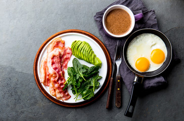 Ketogenic diet breakfast. fried egg, bacon and avocado, spinach and bulletproof coffee. Low carb high fat breakfast