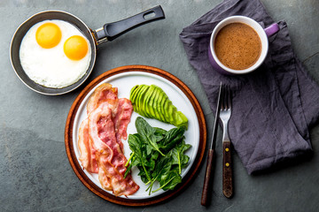 Ketogenic diet breakfast. fried egg, bacon and avocado, spinach and bulletproof coffee. Low carb high fat breakfast
