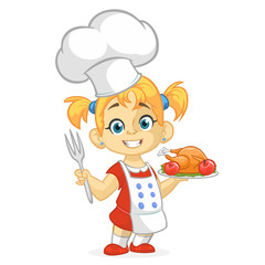 Cartoon girl serving roasted thanksgiving turkey dish. Thanksgiving design