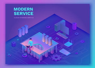 Cloud data storage 3d isometric infographic illustration, landing page layout, vector web template, smart modern technolodgy concept, ultra violet colors