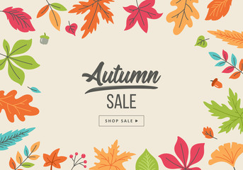 Autumn sale banner design with fall leaves background.