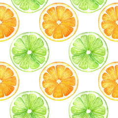 Citrus slice fruits watercolor hand drawn pattern. Orange, lemon, lime isolated on white background. For the design of invitations, greeting cards, wallpapers, banners, web, print