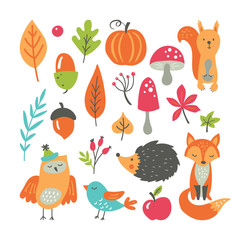 Autumn concept with fall season collection of forest woodland animals