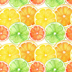 Obraz premium Citrus slice fruits watercolor hand drawn pattern. Orange, lemon, lime isolated on white background. For the design of invitations, greeting cards, wallpapers, banners, web, print