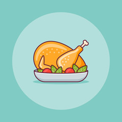 Roasted turkey or chicken flat line icon. Thanksgiving dinner. Vector illustration.