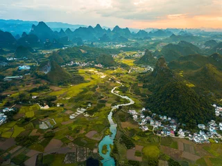Foto op Canvas Yangshuo rice fields in China aerial view © creativefamily