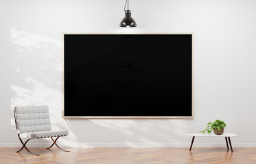 Large horizontal frame hanging on a white wall 3D rendering