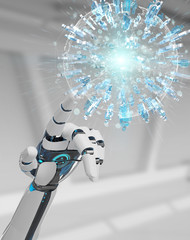 White robot hand using digital globe to connect people 3D rendering