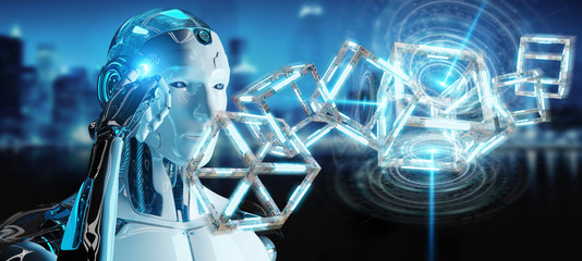 Obraz na płótnie Canvas White robot creating future technology structure 3D rendering