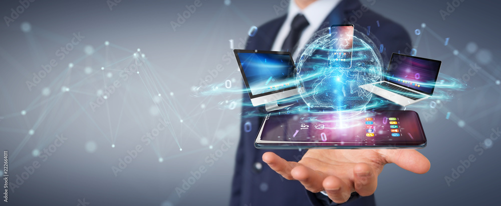 Aufkleber modern devices connected in businessman hand 3d rendering