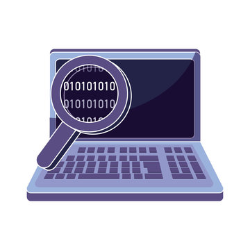 laptop technology with magnifying glass and data code