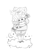 Cute dreaming girl pig with candy in hands in pajama in dot and lace.