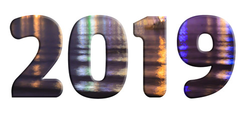 lettering 2019 with neon light on the numbers. isolated on white background