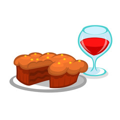 Thanksgiving piece of pumpkin pie and glass of wine. Cartoon illustration isolated. National holiday. Traditional food

