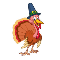 Cartoon happy  thanksgiving turkey character  wearing pilgrim hat outline. Vector illustration isolated. 