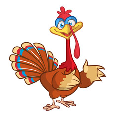 Cartoon thanksgiving turkey character waving hello. Outlines. Vector illustration isolated
