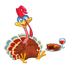 Thanksgiving Cartoon Turkey bird with a pie and wine. Vector illustration of funny turkey character clipart