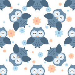 Owls pattern with flowers. Different owls characters, seamless pattern. Spring and summer theme.