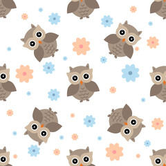 Owls pattern with flowers. Different owls characters, seamless pattern. Spring and summer theme.