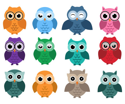 Owls set, different owls with emotions