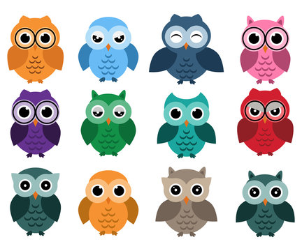 Owls set, different owls with emotions