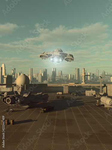 "Spaceship Taking Off from a Future City Spaceport - science fiction illustration" Stock photo and royalty-free images on Fotolia.com - Pic 222667409