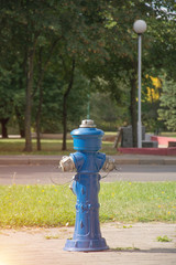 Blue fire hydrant in a city street