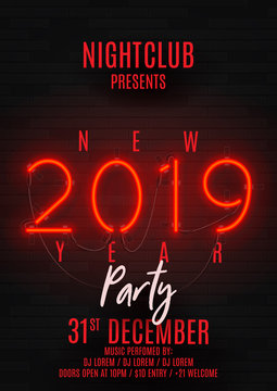 Neon poster for Happy New Year party. Retro neon red bilboard on brick wall. Concept of holiday flyer with glowing text. Vector illustration. Invite to nightclub.