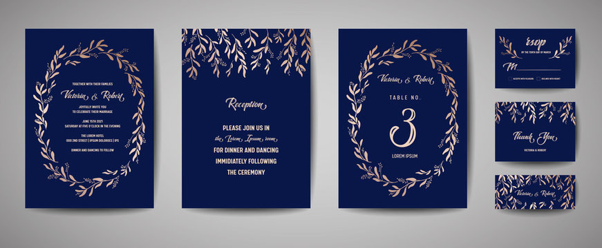 Luxury Wedding Save the Date, Invitation Navy Cards Collection with Gold Foil Eucalyptus Leaves and Wreath. Vector trendy cover, graphic poster, geometric floral brochure, design template
