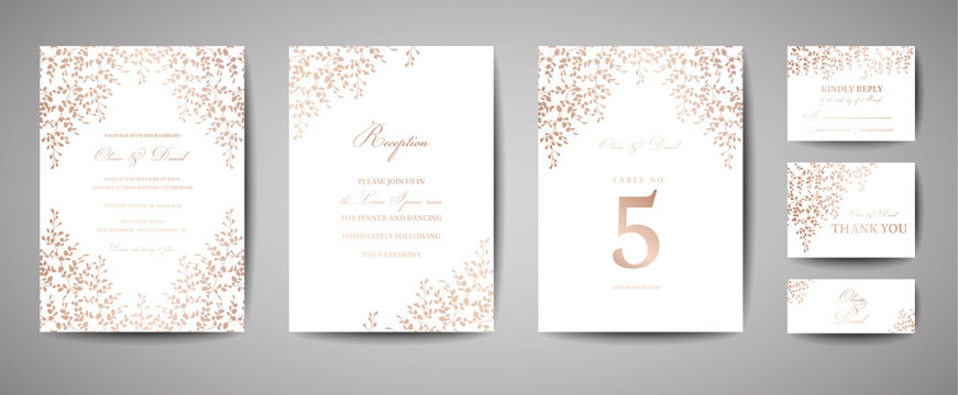 Luxury Wedding Save the Date, Invitation Cards Collection with Gold Foil Leaves and Wreath. Vector trendy cover, graphic poster, geometric floral brochure, design template
