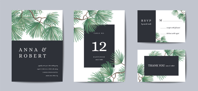 Botanical Wedding Invitation card Template Design, Pine Tree with Golden Foil, Christmas Greetings, Collection of Save the date, RSVP in vector