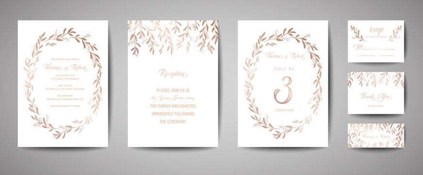 Luxury Wedding Save the Date, Invitation Cards Collection with Gold Foil Eucalyptus Leaves and Wreath. Vector trendy cover, graphic poster, geometric floral brochure, design template