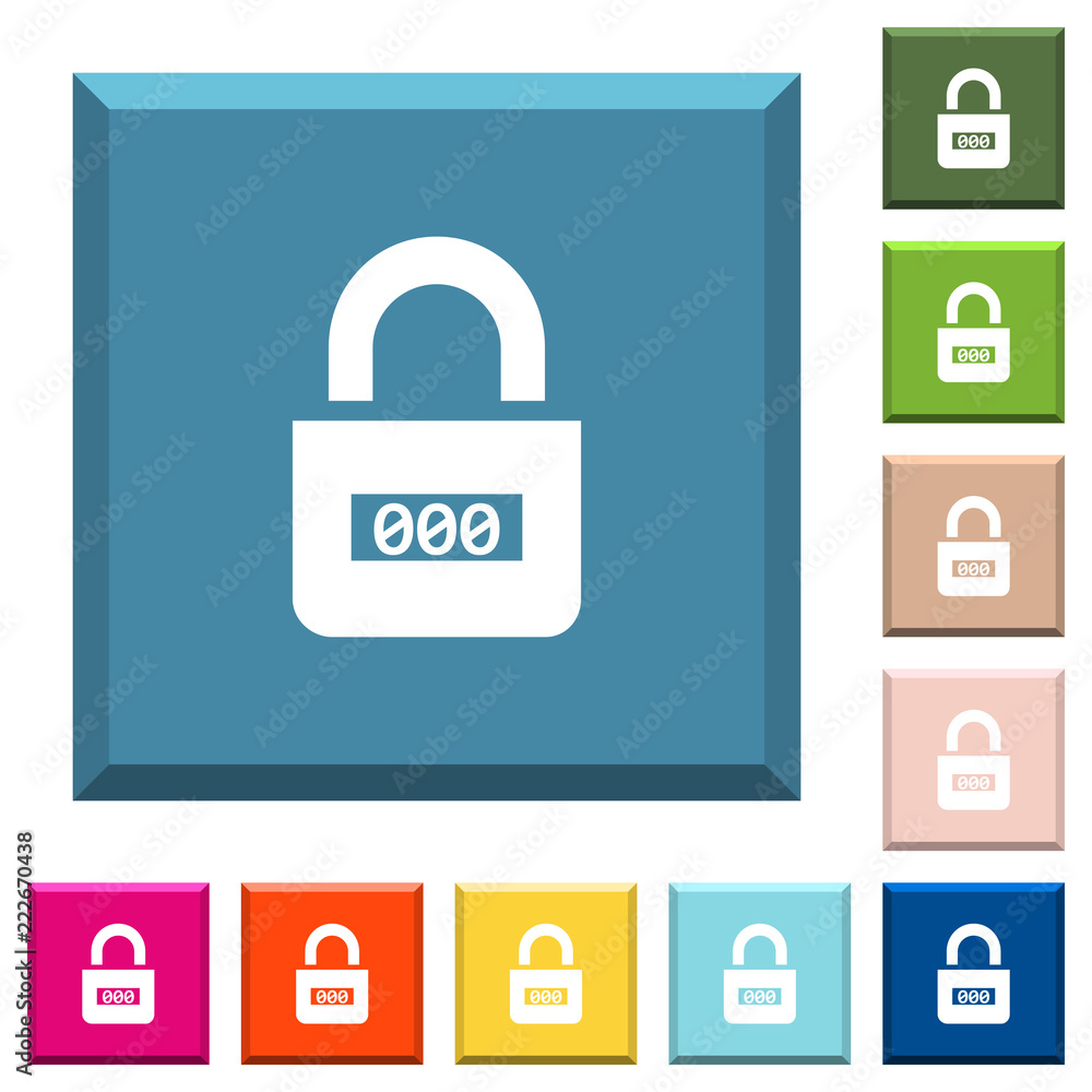 Poster locked combination lock with center numbers white icons on edged square buttons